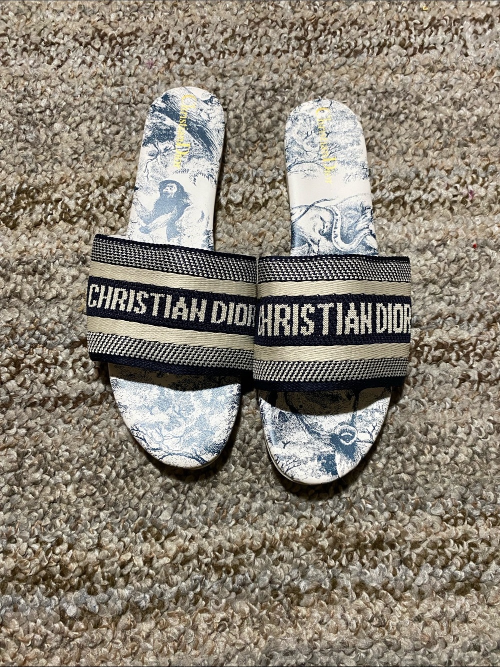 Dior Beige and Navy Christian Dior Logo Slide Sandals